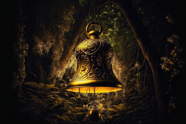 Big glowing carved gold bell in dark mystical forest created with generative ai