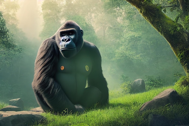 Il grande gorilla si siede a terra sullo sfondo di alberi con fogliame verde nella giungla in una chiara illustrazione 3d di una giornata estiva