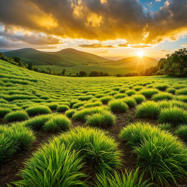 Big green field with green mountains with a sunset