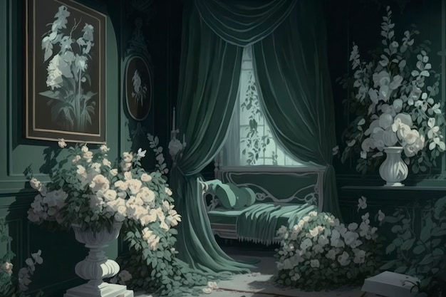 a big green room filled with white flowers and green drapes in the style of delicate modeling