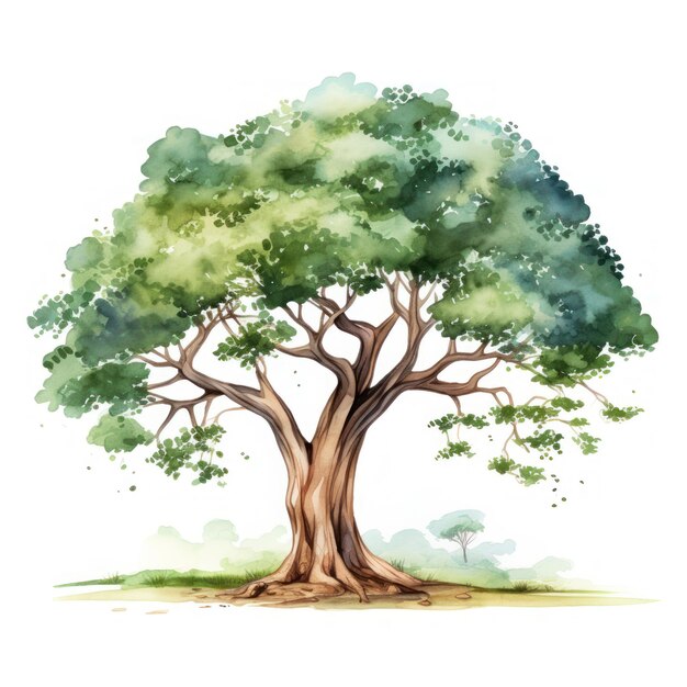 Big green tree isolated on white background Watercolor hand drawn illustration Generative AI