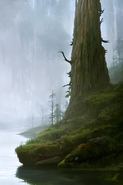 Big green tree trunk by the misty lake