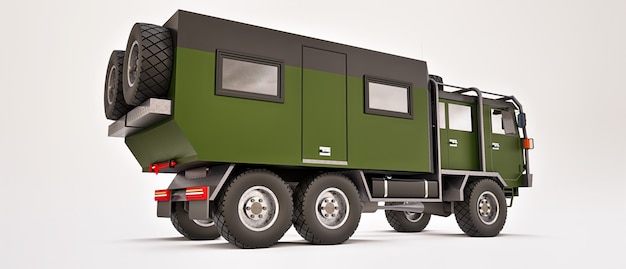 Big green truck prepared for long and challenging expeditions in remote areas. Truck with a house on wheels. 3d illustration.