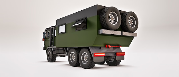 Big green truck prepared for long and challenging expeditions in remote areas. Truck with a house on wheels. 3d illustration.