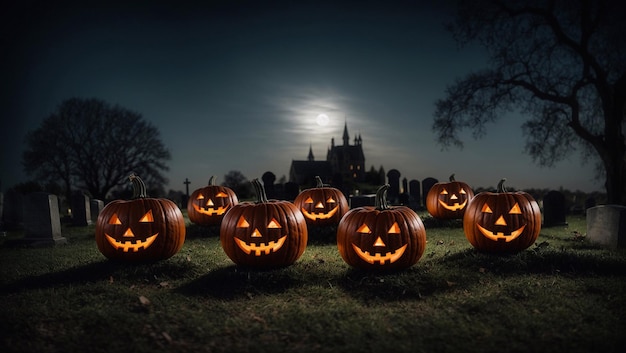 Foto grande zucca di halloween sulla tomba in una notte di luna piena nel cimitero dietro il vecchio castello la notte di halloween ottobre