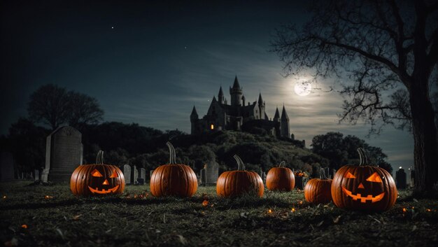 Foto grande zucca di halloween sulla tomba in una notte di luna piena nel cimitero dietro il vecchio castello la notte di halloween ottobre