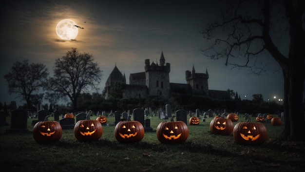 Foto grande zucca di halloween sulla tomba in una notte di luna piena nel cimitero dietro il vecchio castello la notte di halloween ottobre