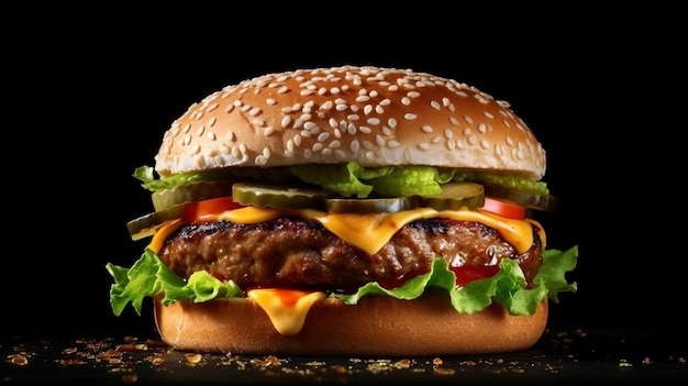 Big hamburger on black background Generative ai