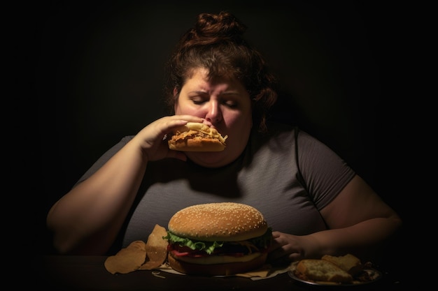 Большой гамбургер и женщина с избыточным весом. Осведомленность об ожирении в результате нездорового питания и потребления фаст-фуда. Генеративный ИИ.