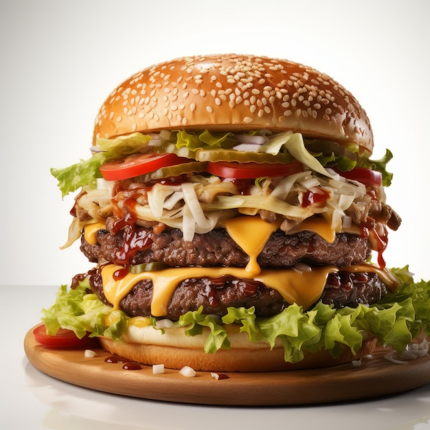 Большой гамбургер с сырным салатом, помидорами и луком на белом фоне