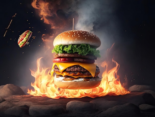 Big hamburger with flying ingredients on fire background Fast food concept