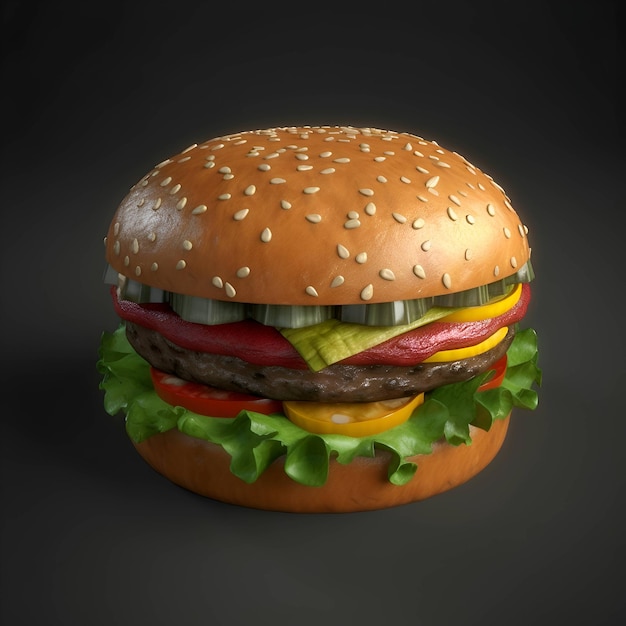 Big hamburger with fresh vegetables on black background 3d illustration