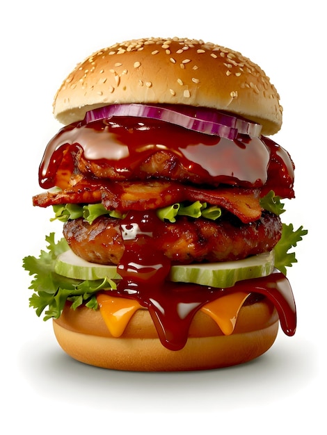 A big hamburger with ketchup on top of it isolated on white background