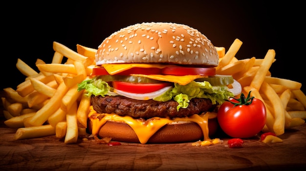 big hamburger on a wooden background