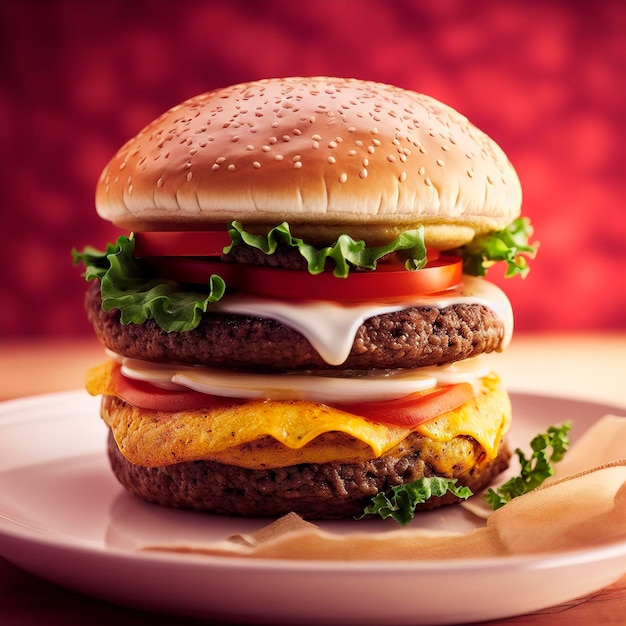 Big harmful burger Close up Appetizing burger with variety of fillings Generative AI