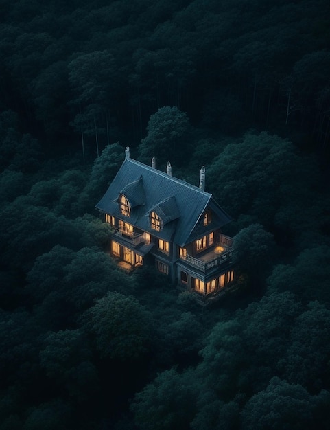 A big haunted bungalow in the dark which is located in the middle of a dense forest Generative AI