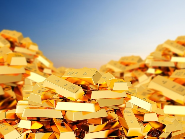 A big heap of bars of gold against the sky