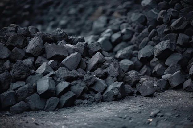 Big heap of dark black lump coal on floor bulk Charcoal sorage at warehouse stock reserve activated anthracite packed in plastic bag sack on wooden pallet Industrial and mining industry background