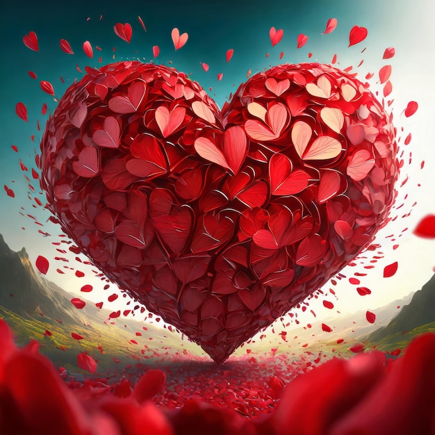 Big heart explosion made out of red petals super detailed little love for valentine day