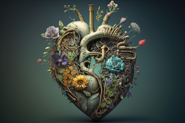 Big heart made of human and broken valves in center with flowers