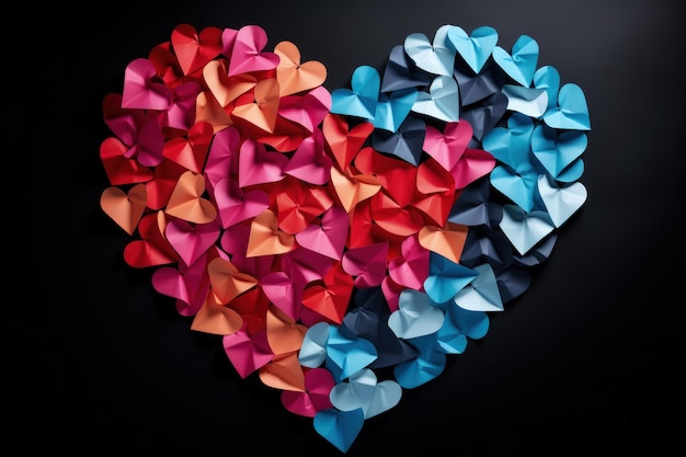 Foto un grande cuore fatto di origami rosa, rosso e blu.