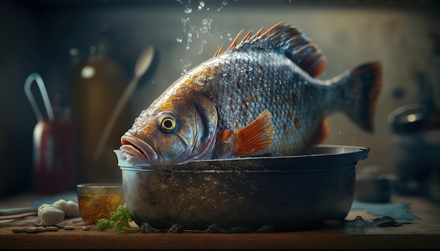 Photo big high quality fish in kitchen boiling in pot