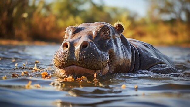 Foto grande ippopotamo che sguazza nell'acqua