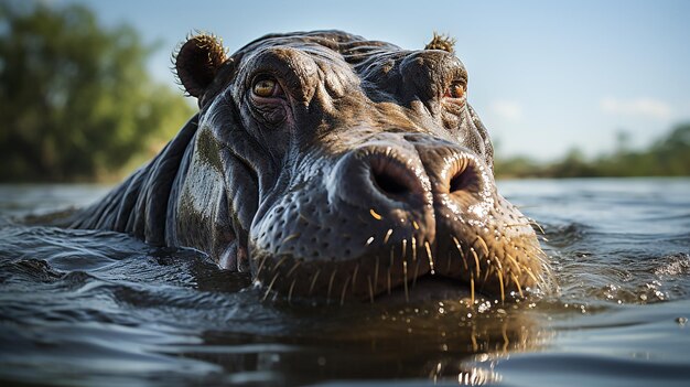 Big Hippopotamus Wallowing in Water