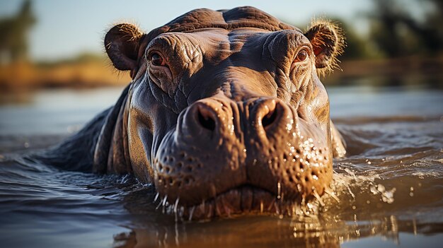 Big Hippopotamus Wallowing in Water