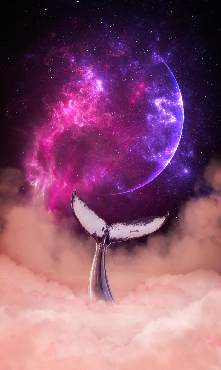 Photo big humpback whale swims in clouds stars cosmos sky and planet humpback whale dives into gas nebula of billions of stars big planet in space 3d render