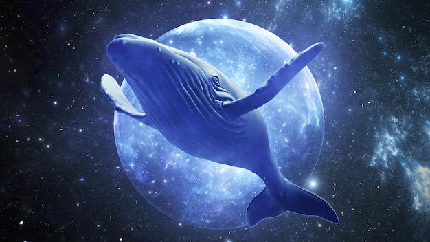 Foto la grande megattera nuota nello spazio tra le stelle sullo sfondo del pianeta fantastica illustrazione d'arte di una balena spaziale con grande multa e coda 3d render