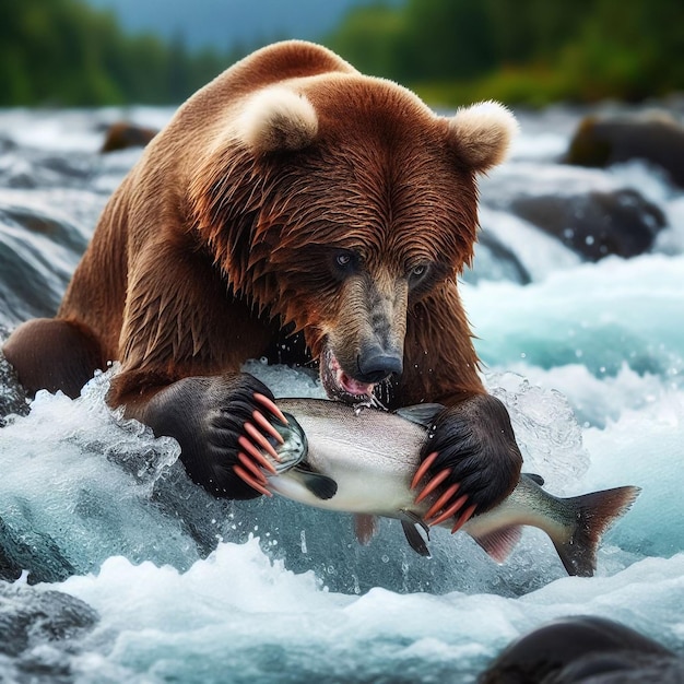 Photo a big and hungry bear fishing for salmon in a fast river with its claws and teeth ready to catch th