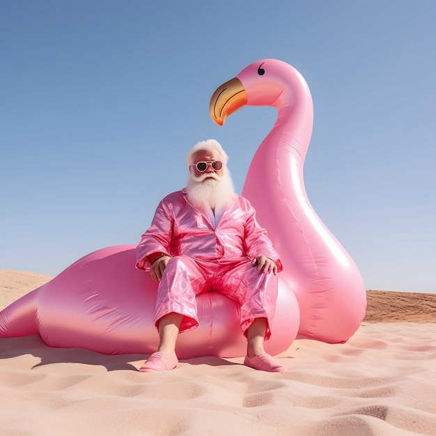 Foto grande flamingo gonfiabile con babbo natale che si diverte sulla spiaggia concetto natalizio astratto