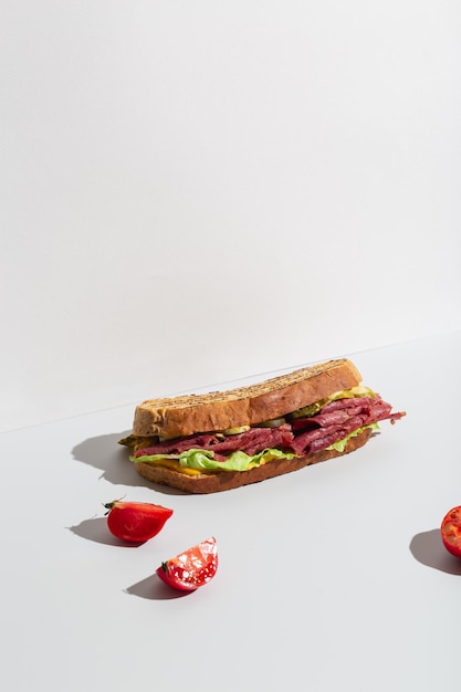 Big italian sandwich salami sandwich on grey high quality photo