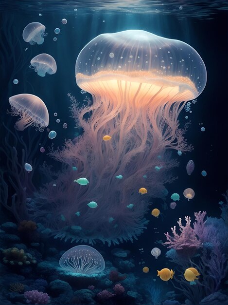 A big jellyfish in dark sea background