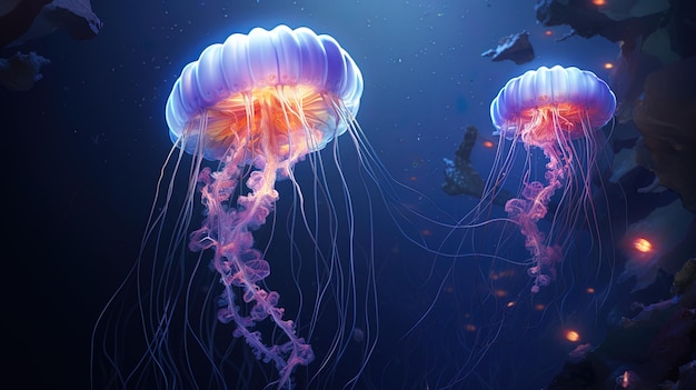 Big jellyfish in the depths of the sea neon AI generation