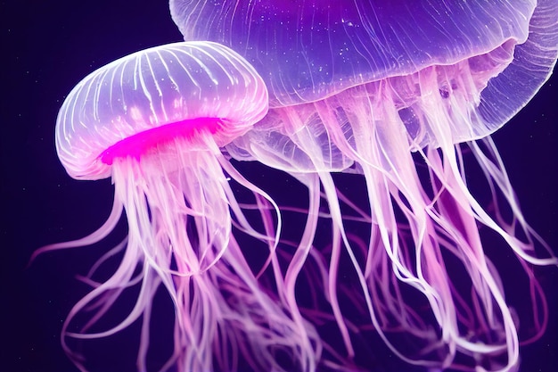 Большая группа медуз плавает с щупальцами под водой