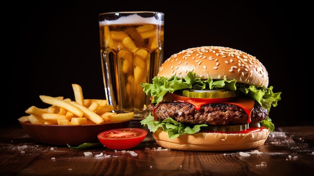 Foto grande hamburger succoso con patatine fritte e limonata