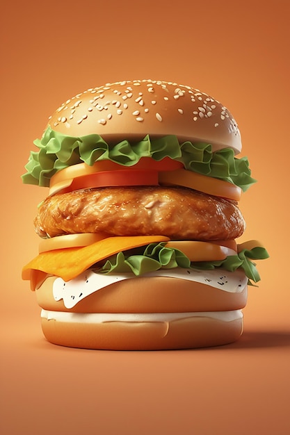 Big juicy chicken burger sandwich on a orange background high realitiy fast food concept