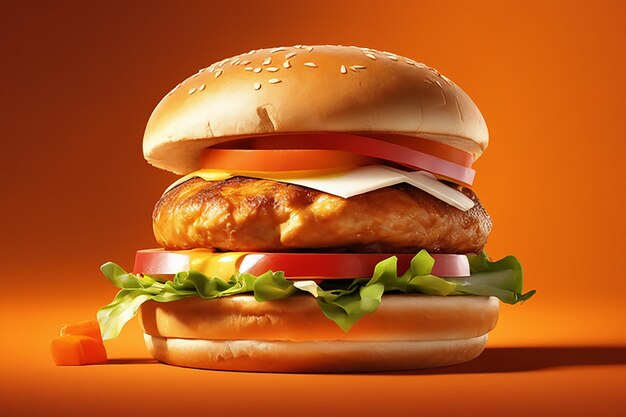 Big juicy chicken burger sandwich on a orange background high realitiy fast food concept