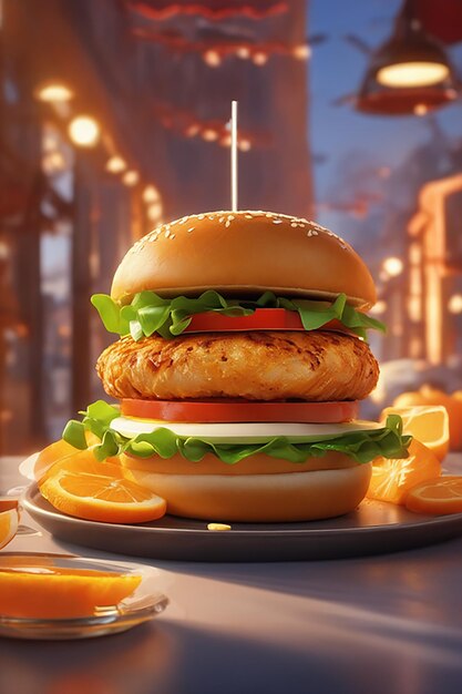 big juicy chicken burger sandwich on a orange background high realitiy fast food concept