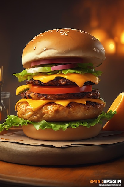 big juicy chicken burger sandwich on a orange background high realitiy fast food concept