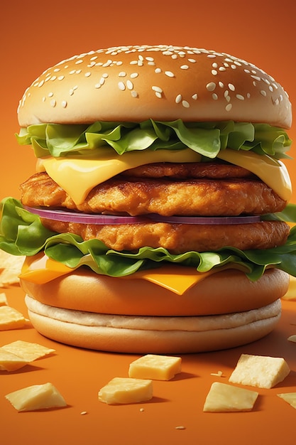 большой сочный куриный сэндвич с гамбургером на оранжевом фоне, концепция быстрого питания высокой реальности
