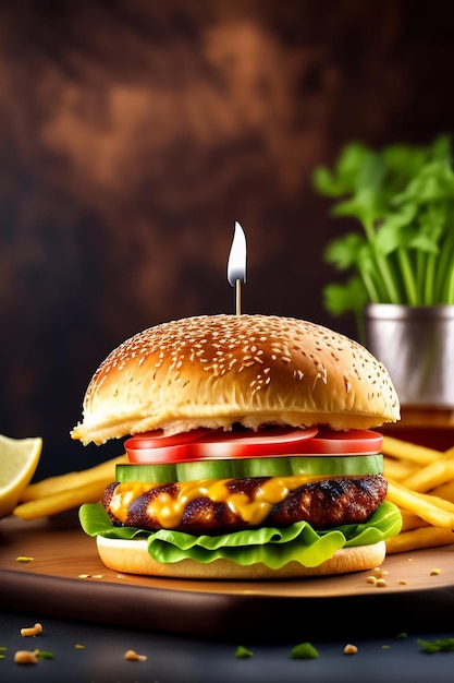 Изображение большого сочного вкусного гамбургера, созданное искусственным интеллектом
