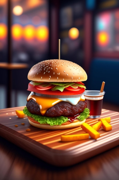 Big juicy delicious hamburger AI generated image