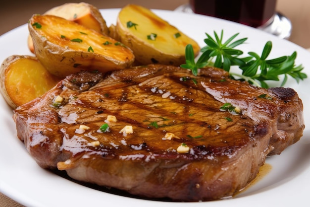 Big juicy steak with goldenbrown potatoes and green onions