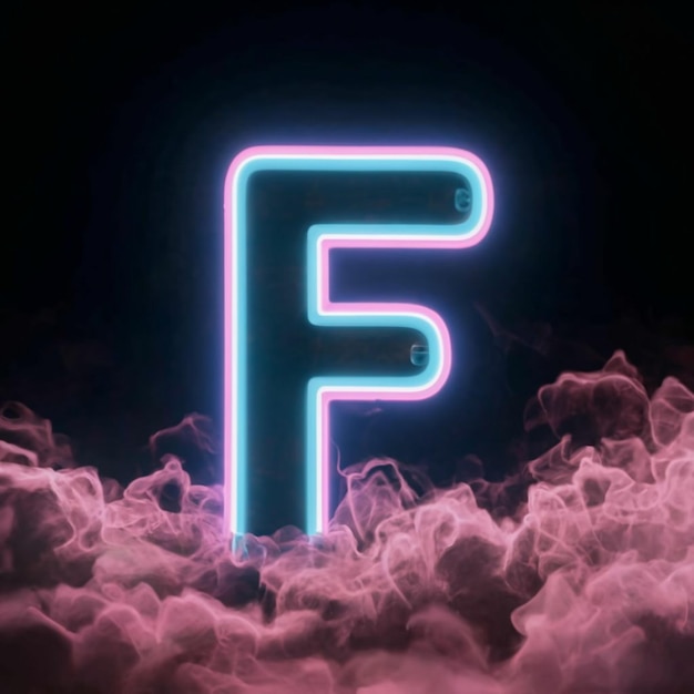 Photo big letter f with neon and colored smoke in the background