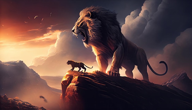 Big lion and lioness on the top of the mountain Generate Ai