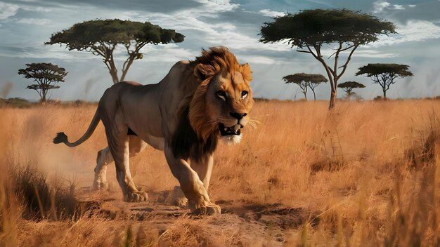 Photo big lion walking on savannah grass