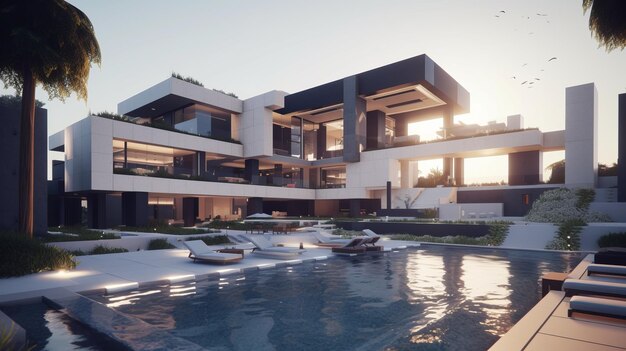 Photo big luxury modern house at dusk generative ai